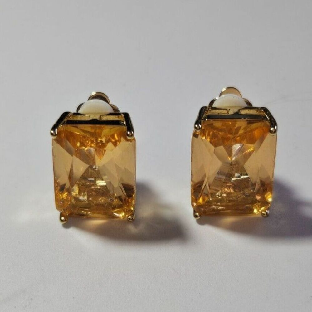 Gold tone Tahari rectangular rhinestone clip on earrings